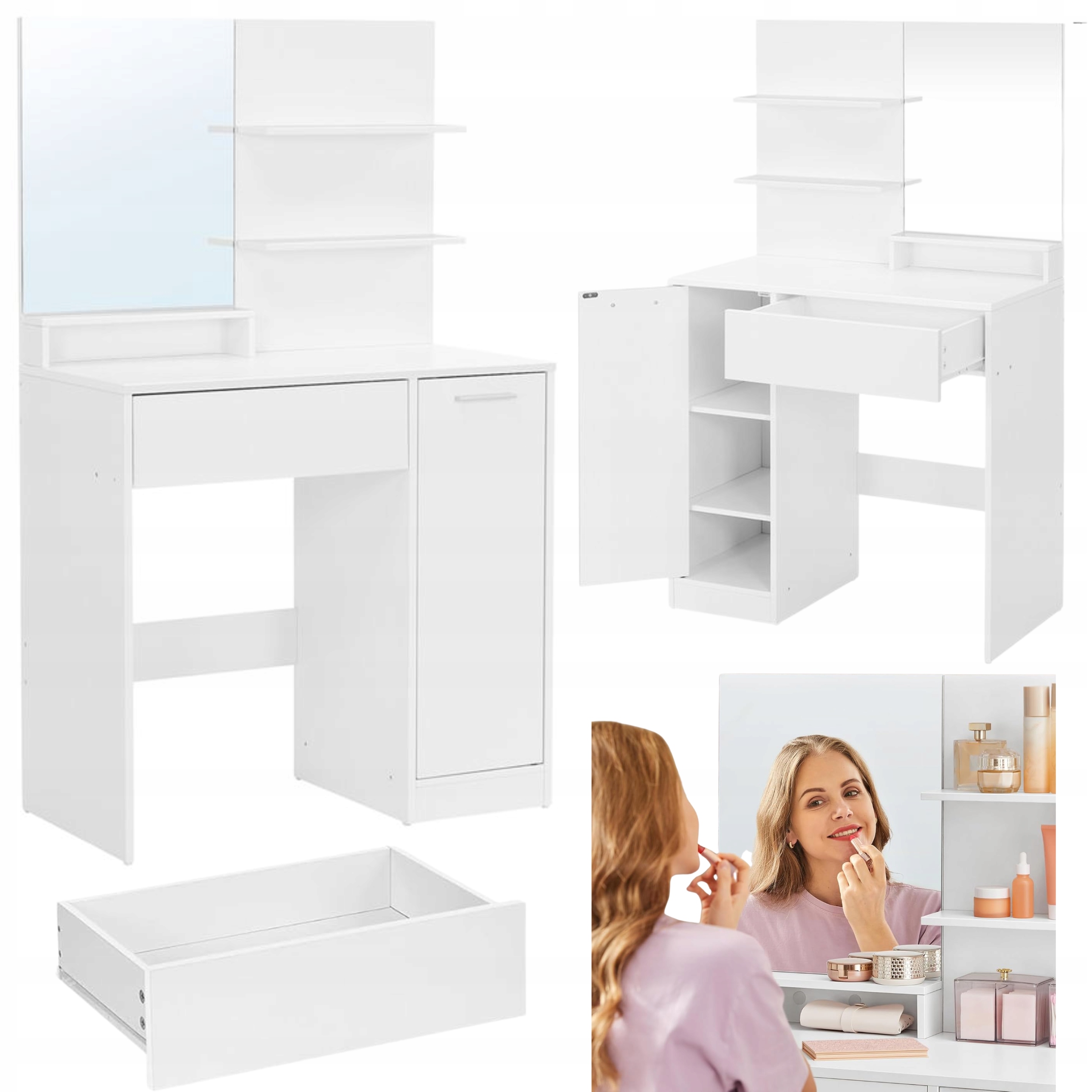 Toaletka Biela s zrkadlom a policami Skrinka na kozmetiku Komoda na líčenie