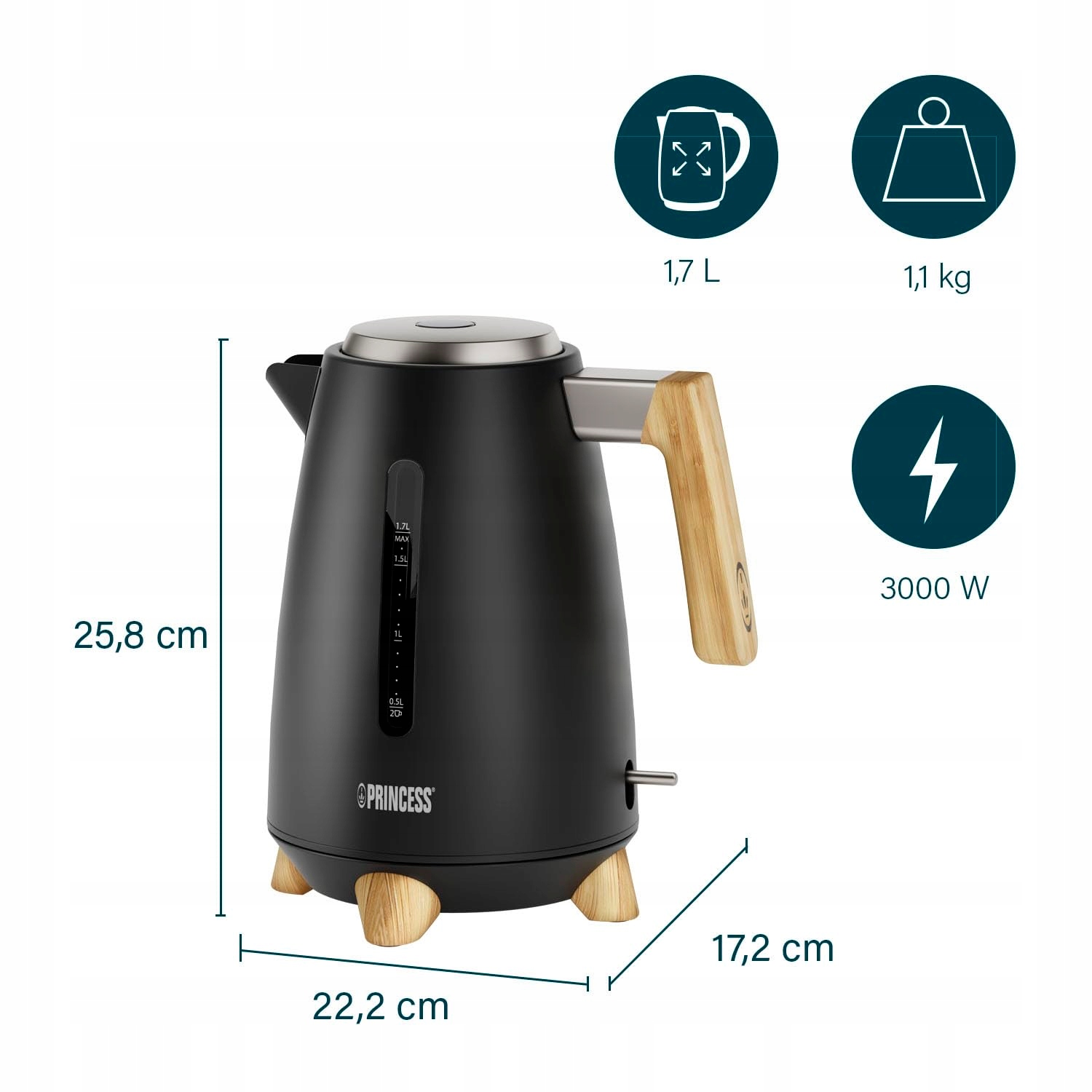 PRINCESS Czajnik Elektryczny 1,7L Bambusowy Design 360° 3000W Matowy Czarny — miniatura 2