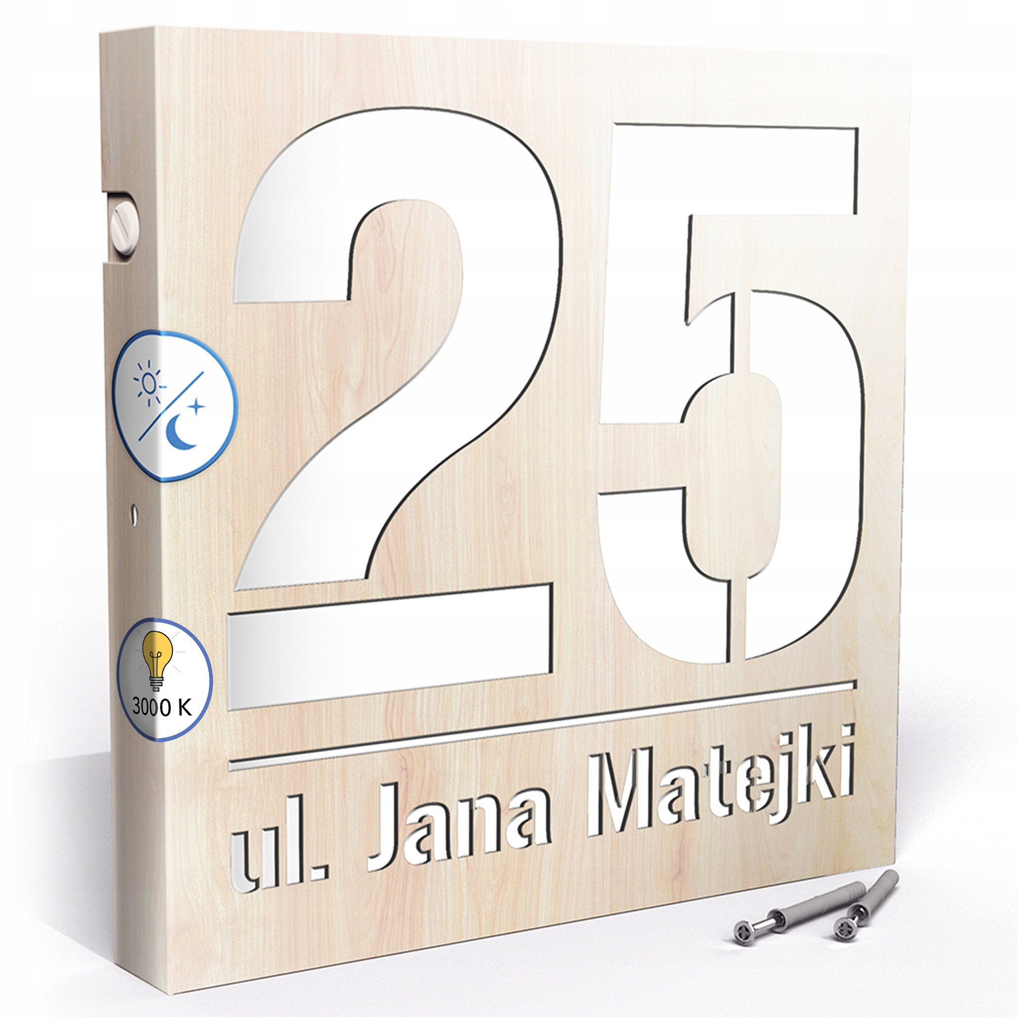 Led tabulka 3000k Snímač 30x30 cm Teplá barva Číslo na dům Jasné dřevo