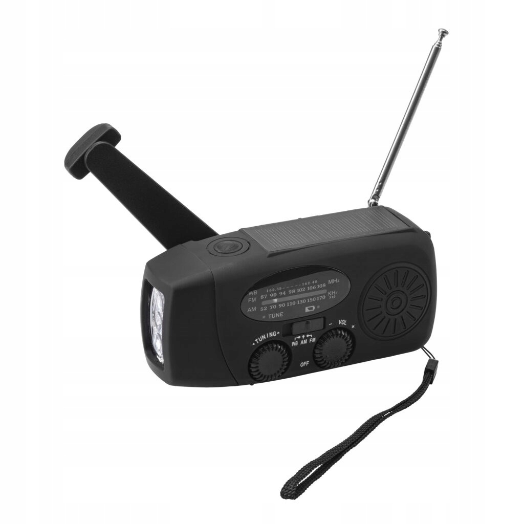 Solární Fm rádio na kliku, svítilna, nabíječka