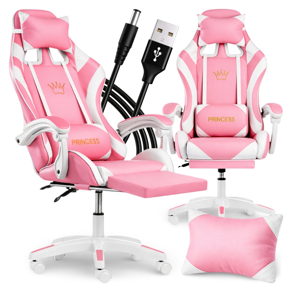 Herní Křeslo Růžovo-bílé S Podnožkou Ergonomický Masážní Váleček