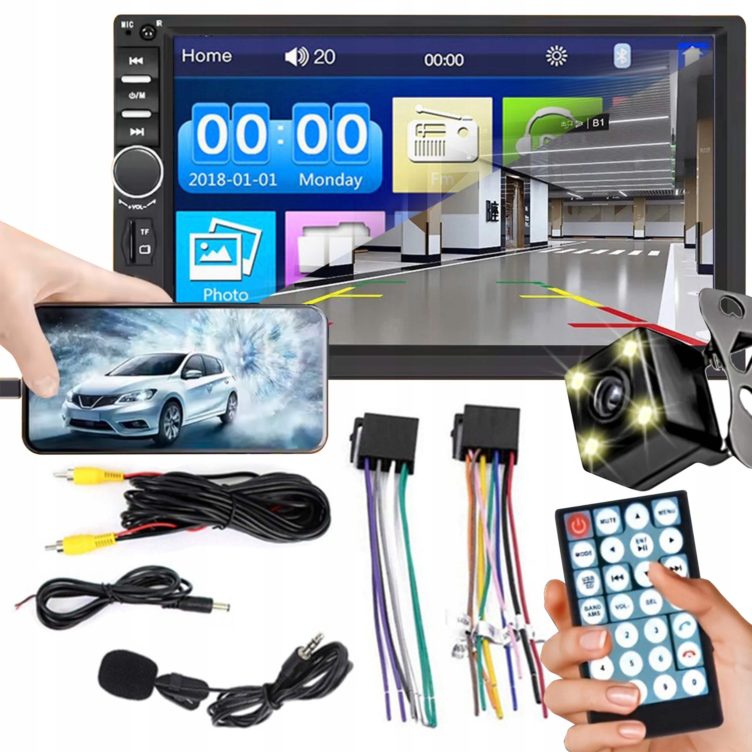 Radio Samochodowe Bluetooth 2 Din 7 Cali Dotykowy Ekran Usb Aux Sd Kamera