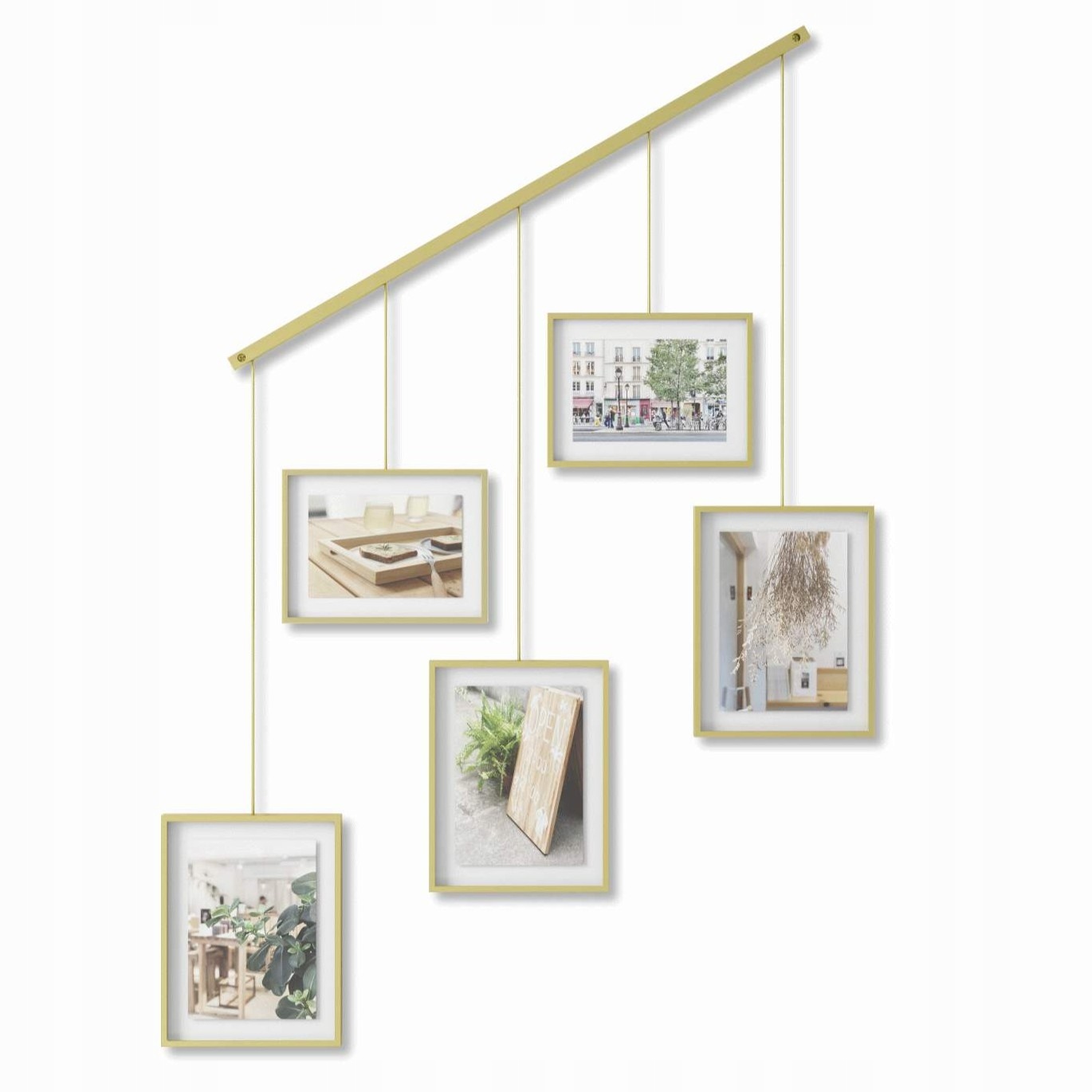 Sada 5 zlatých fotorámečků na liště na zeď do obývacího pokoje Exhibit