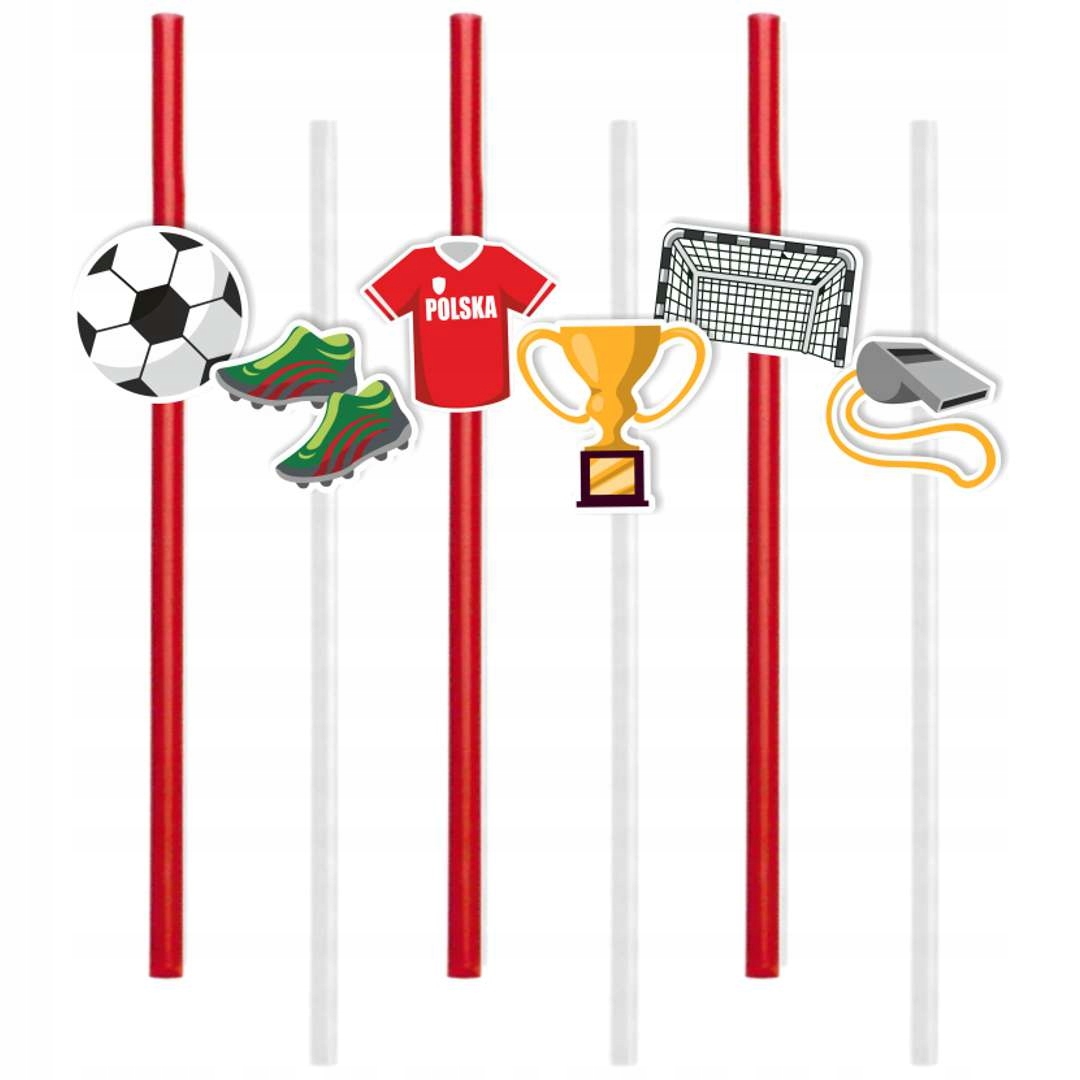 SŁOMKI papierowe PIŁKA NOŻNA biało-czerwone POLSKA urodziny PARTY x6