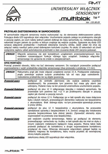 Blokada zapłonu sensorowa odcięcie Multiblok +przycisk autoryzacji z kablem Producent AMT
