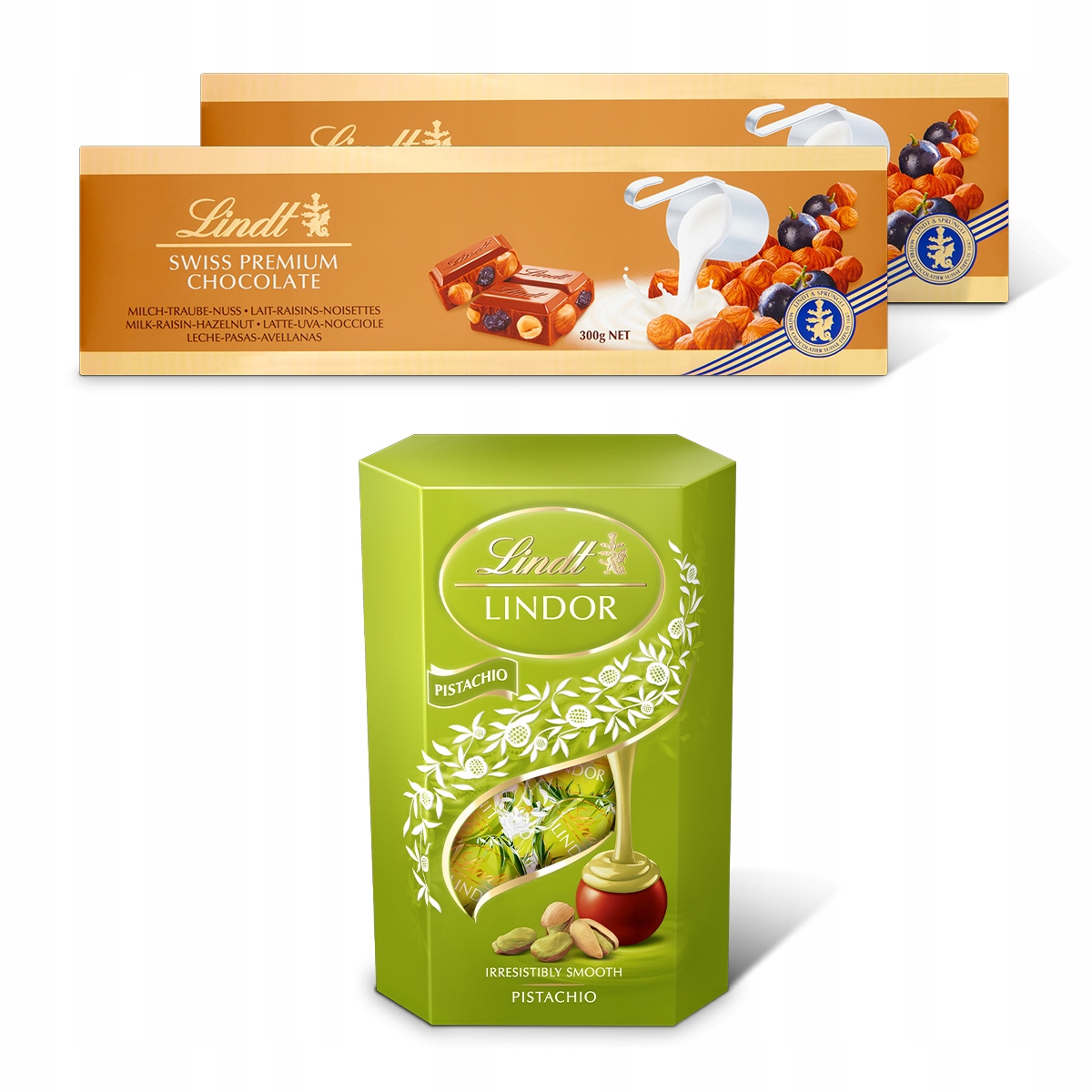 Czekolady Lindt Swiss 2x300g i Praliny Lindor pistacja 200g