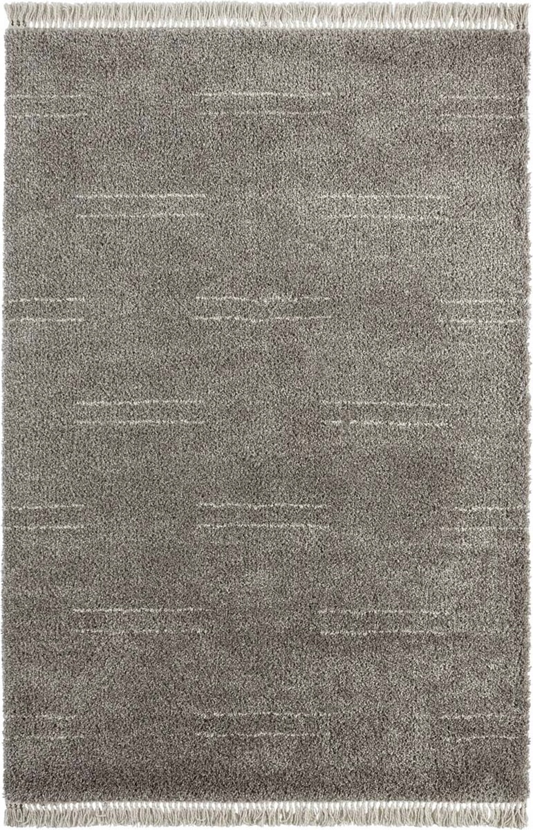 Šedo krémový hrubý koberec shaggy do obývacího pokoje, boho vzor s třásněmi 160 x 230 cm