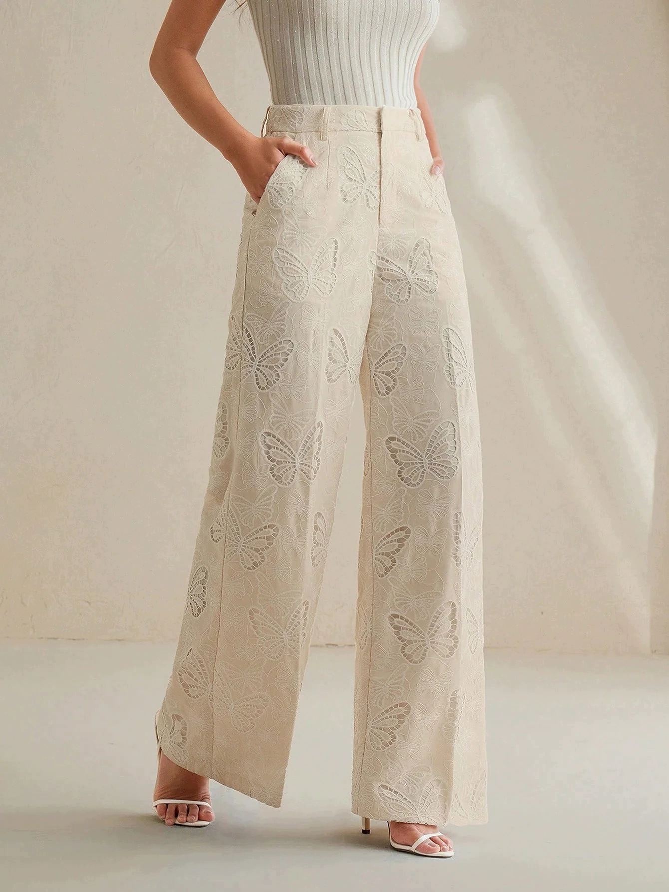 Dámské Kalhoty Béžové Wide Leg Vysoký Pas S Motýly Anewsta M 38