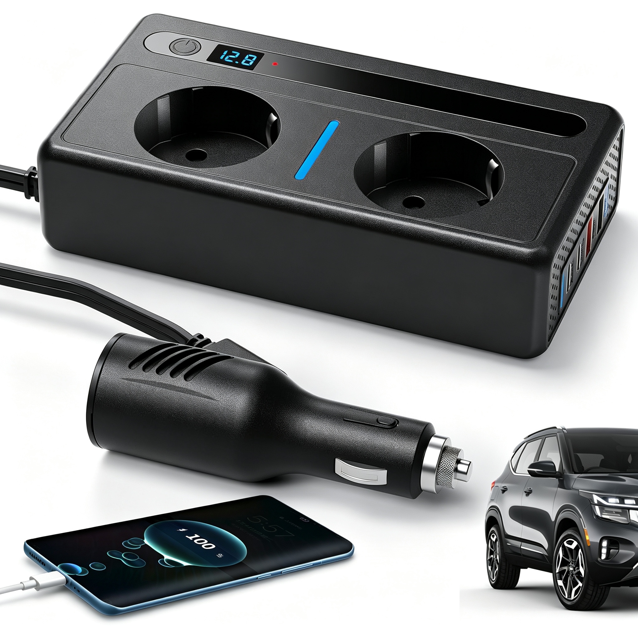 Automobilový Měnič 12V 220V 300W Led Displej Tiché Chlazení 7V1