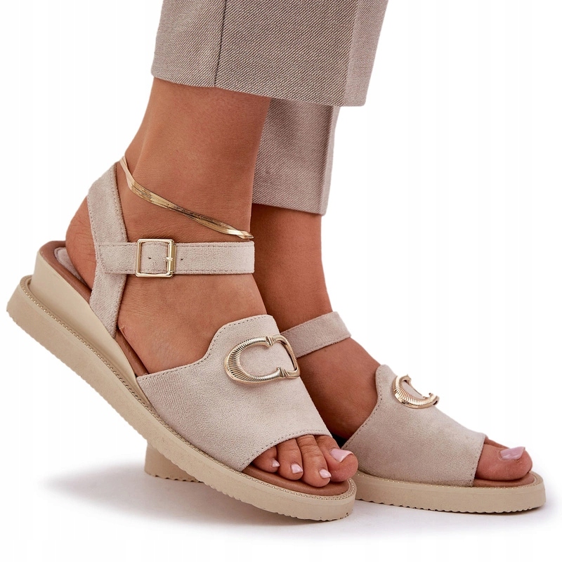 Dámské Sandály Na Klínku Eko Semišové S Ozdobou Elegantní Béžové 40