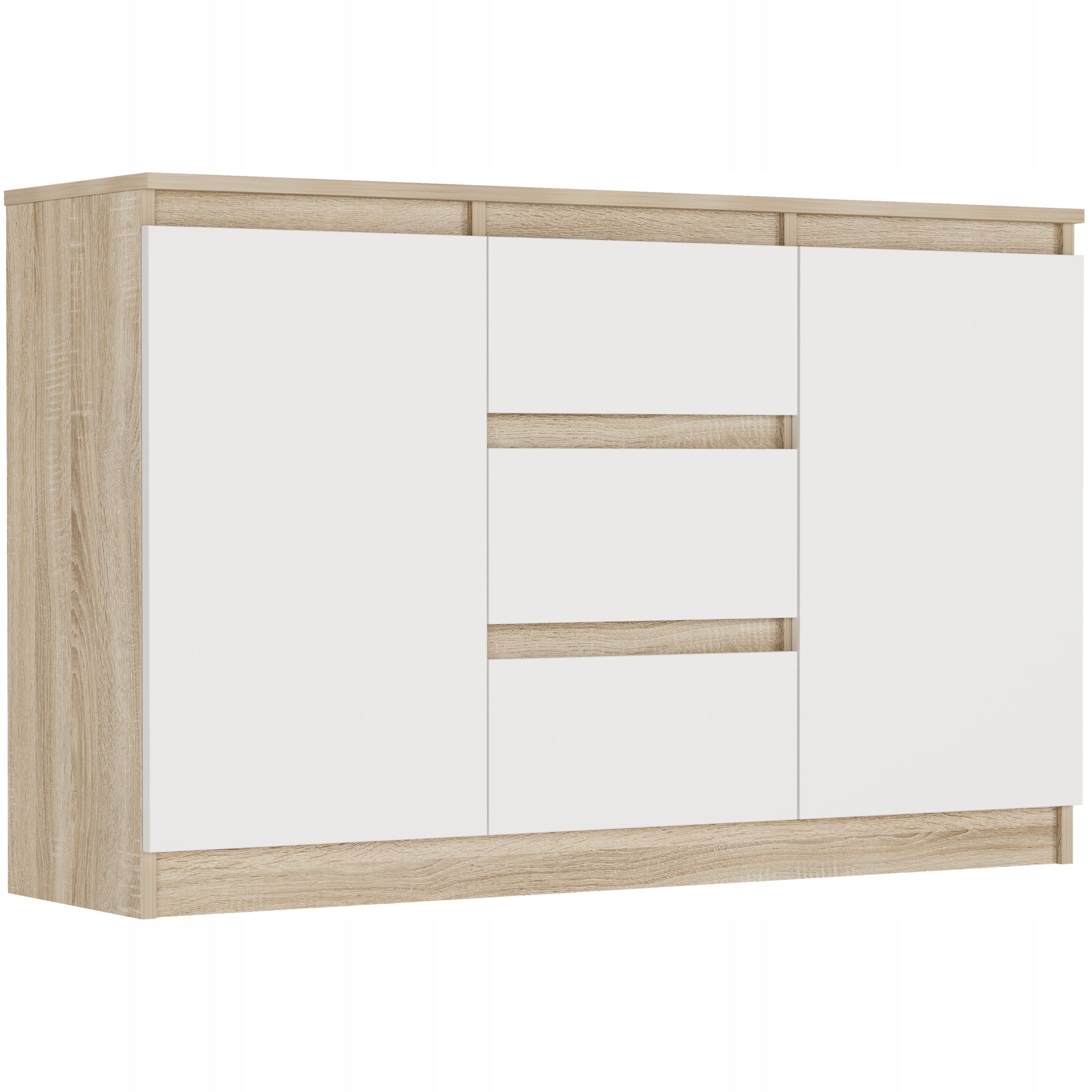 Komoda R-120-S3 skříňka do obývacího pokoje velká 3 zásuvky sonoma mix bílá 120 cm