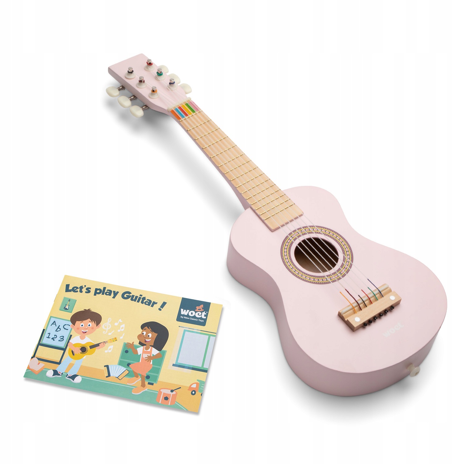 New Classic Toys Gitara Drewniana Z Paskiem, Książeczką Do Nauki Różowa
