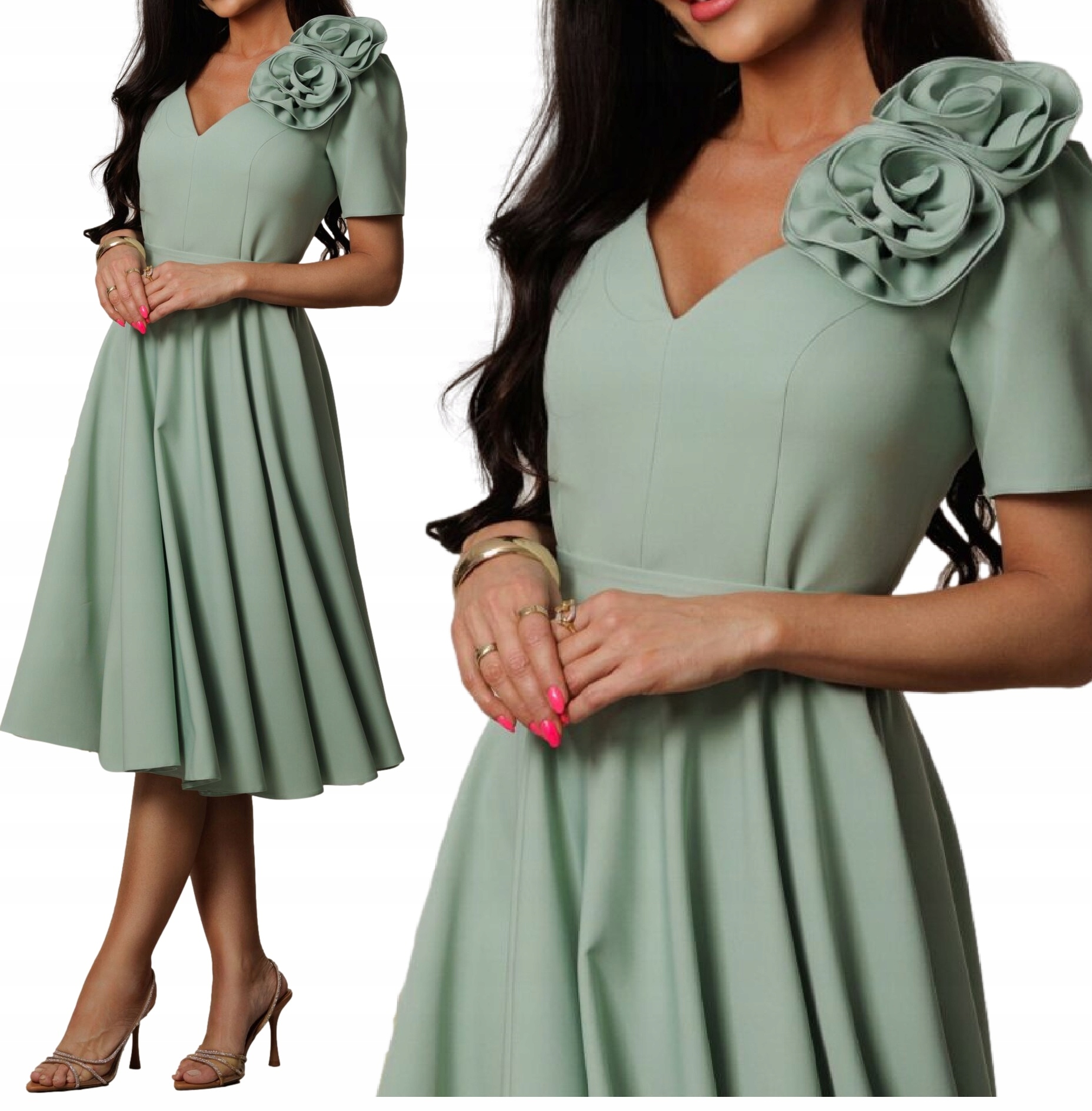 Sukienka Rozkloszowana MIDI Z Kwiatem Na Wesele