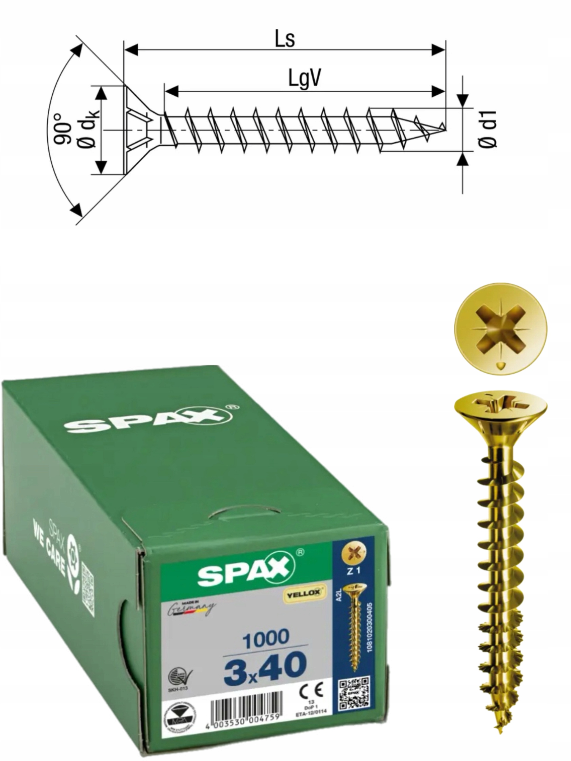 Univerzální šroub na dřevo (zlatý) Spax 3 x 40 mm Yello-x 1000 ks