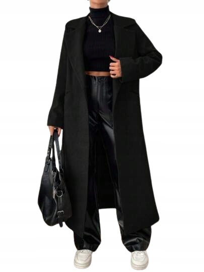 Shein Černý Klasický Dlouhý Kabát S Páskem, Elegantní, Velikost 1_E