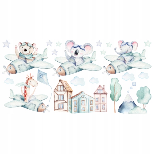 ZWIERZĘTA W SAMOLOCIE CHMURKI NAKLEJKI NA ŚCIANĘ