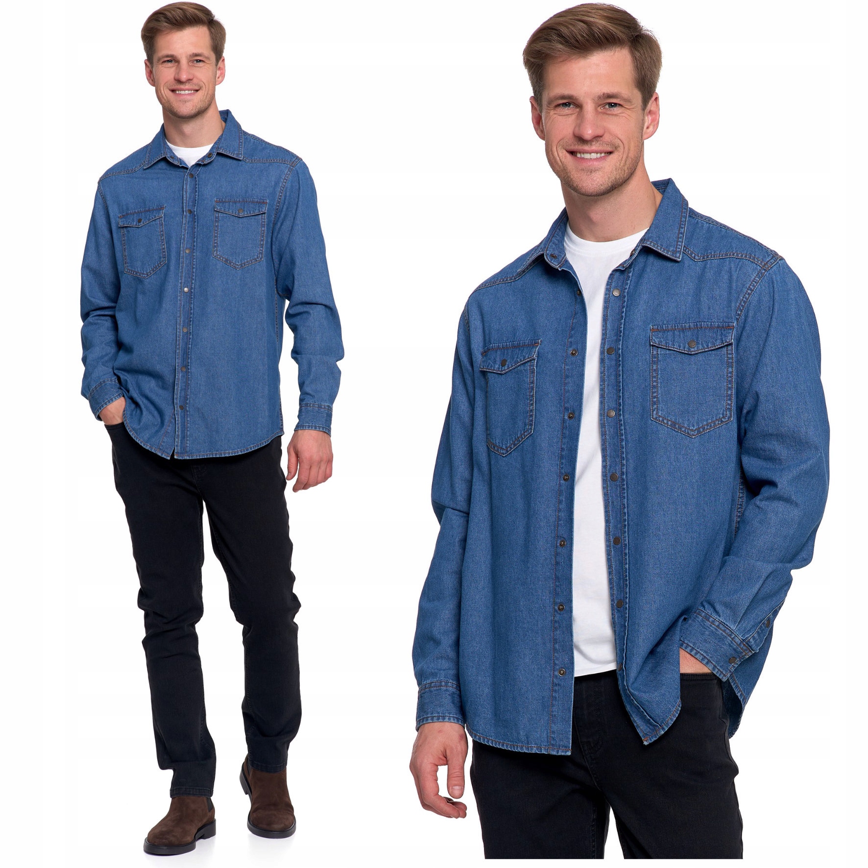 Pánská Džínová Košile Klasická Módní Denim Moraj Rozepínací Modrá XL
