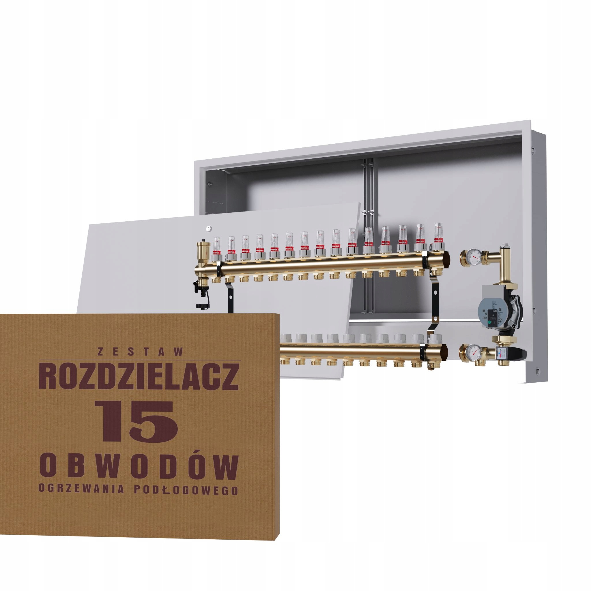 Rozdělovač pro podlahovou krytinu 15 okruhů se skupinou Wilo podomítková skříňka