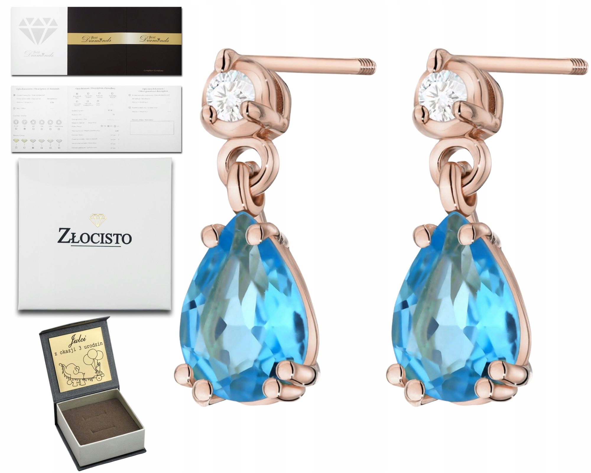 Náušnice Z Růžového Zlata S Topazem A Diamanty, Šroubovací Tyčinka Gravírování 585