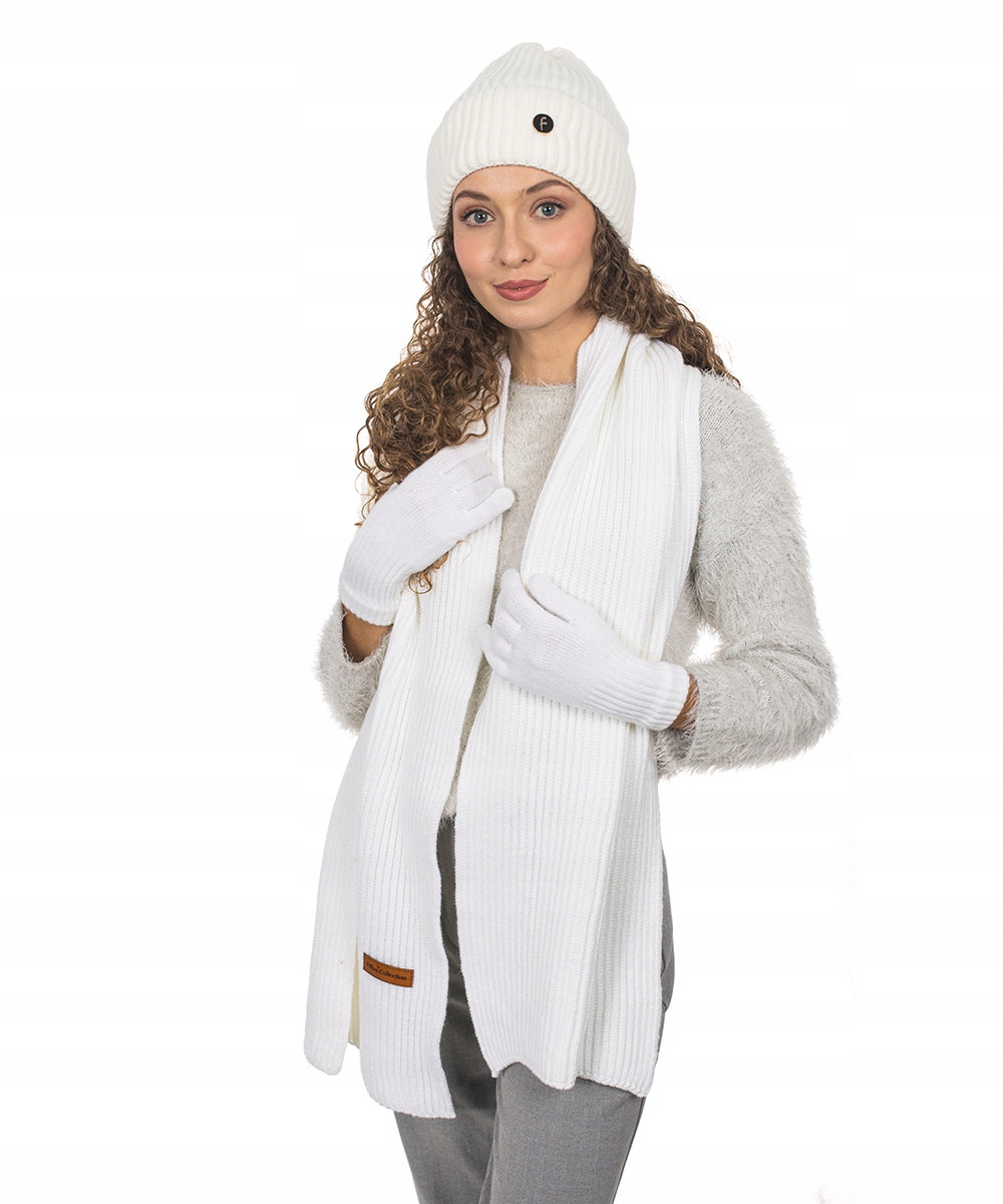 Bílý komplet Čepice Dlouhý šátek Rukavice 3v1 Teplý Zimní Stylový