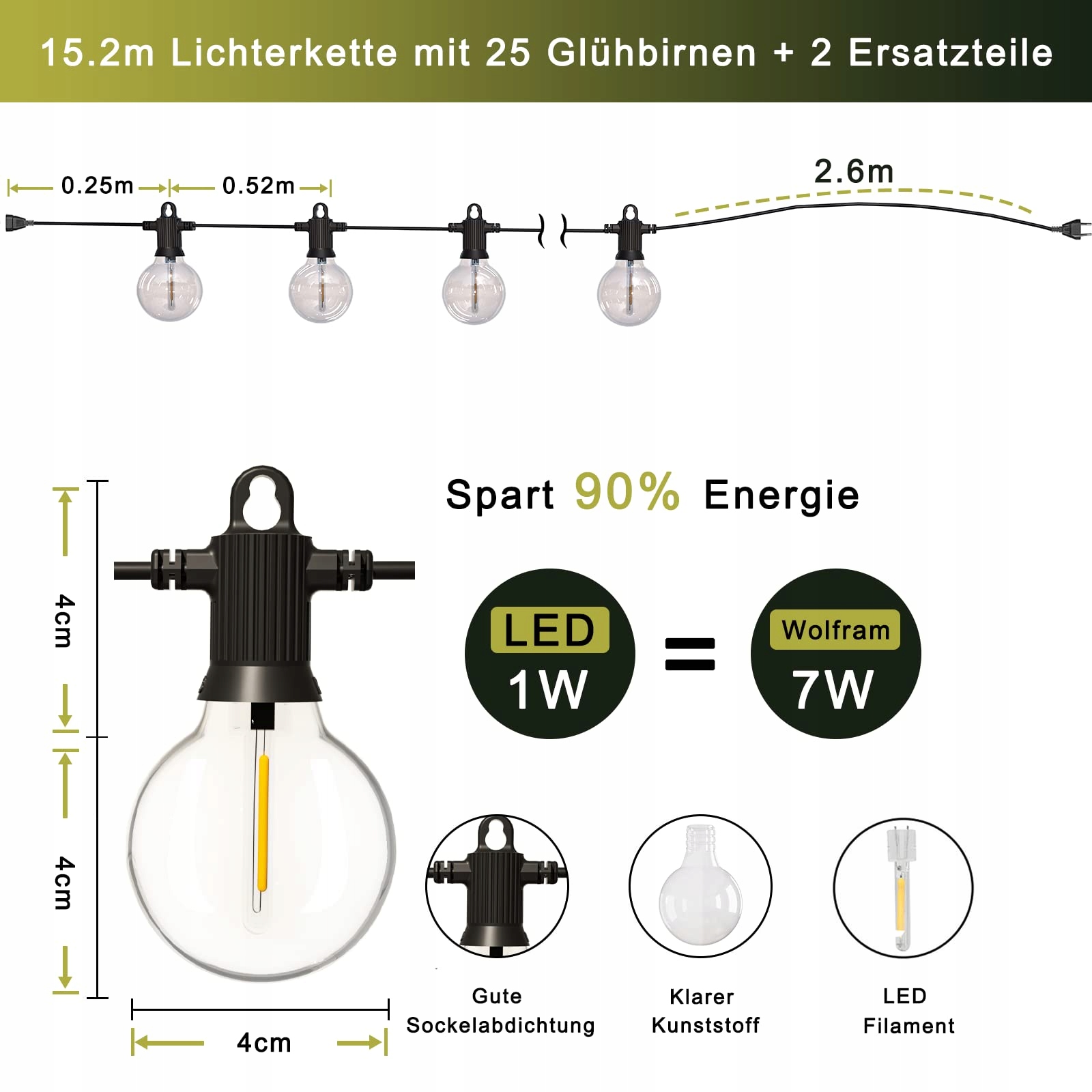 KAWAYA 15M Lampki Ogrodowe LED IP65 25+2 Żarówki Ciepłe Białe Wodoodporne — miniatura 7