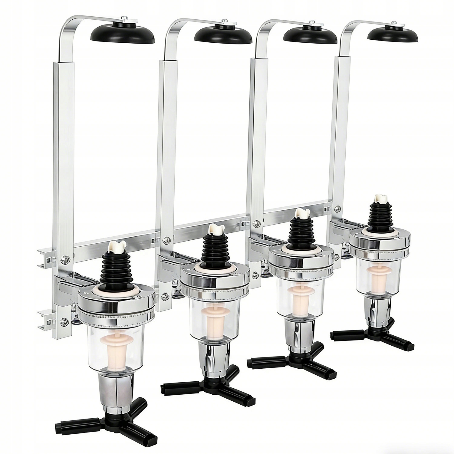 Dávkovač Na Alkohol Na Zeď 4 Lahve Odměrka 45 ML Barmanský Stříbrný