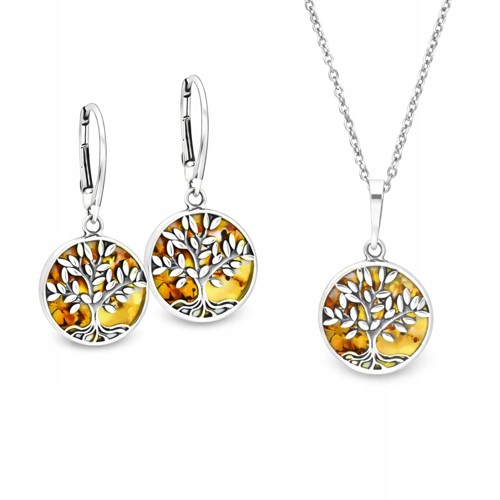 Stříbrná Sada Šperků S Jantarem Náušnice Přívěsek