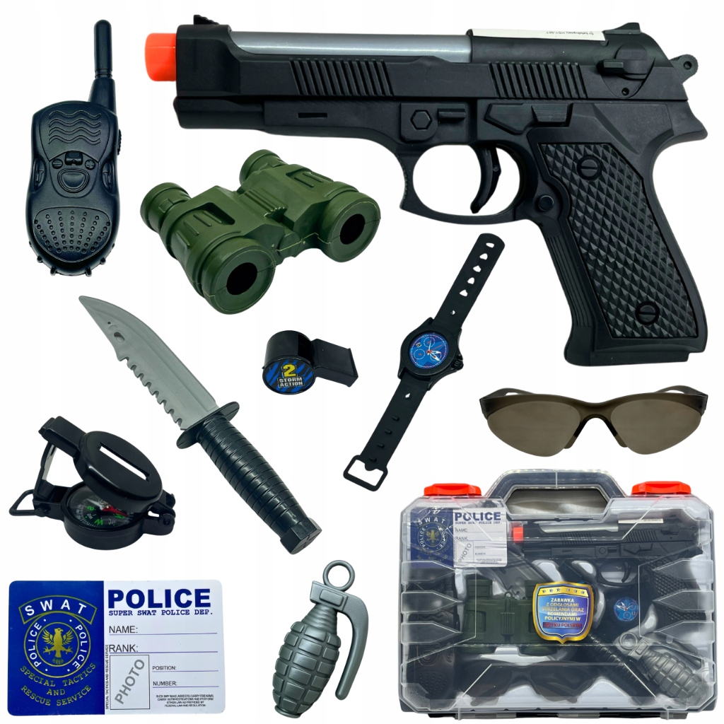 PISTOLET POLICYJNY DLA DZIECI ZESTAW MAŁEGO POLICJANTA Z POLSKIMI KOMENDAMI