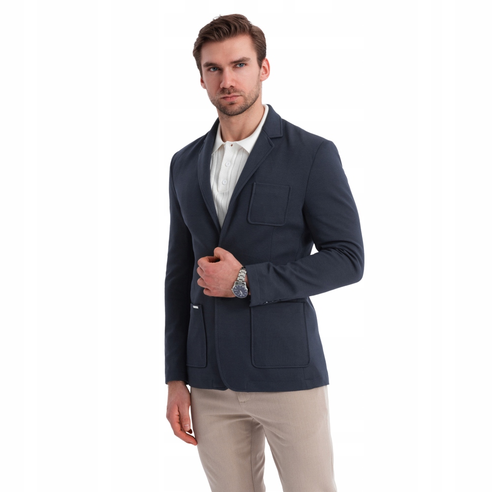 Pánská sako Slim s jemnou strukturou, modrá V3 OM-BLZB-0101 M