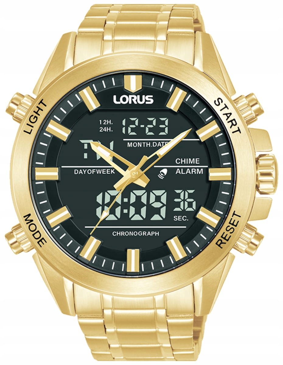 Zlatý analogově-digitální pánské hodinky Lorus RW668AX9 Stoper Alarm Gravírování
