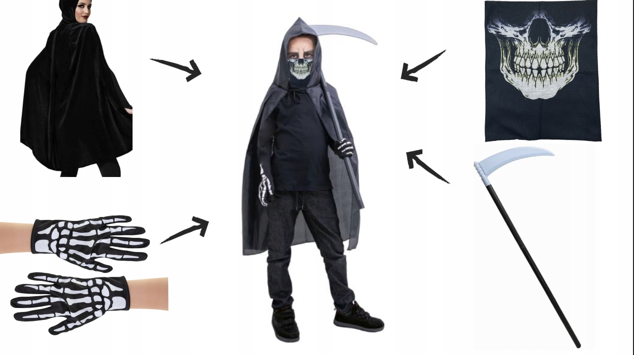 KOSTIUM KOSTUCHA ŚMIERĆ KOŚCI DLA DZIECKA KOSA KOMIN PELERYNA RĘKAWICZKI