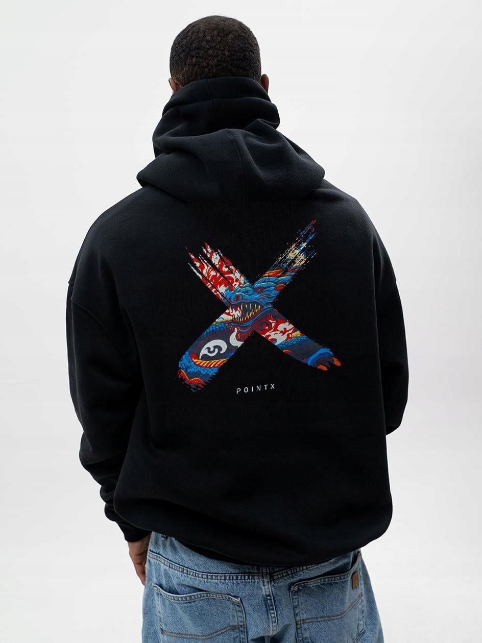 Mikina S Kapucí Oversize Pánská Široká Volná Černá Point Smok Orient XXL