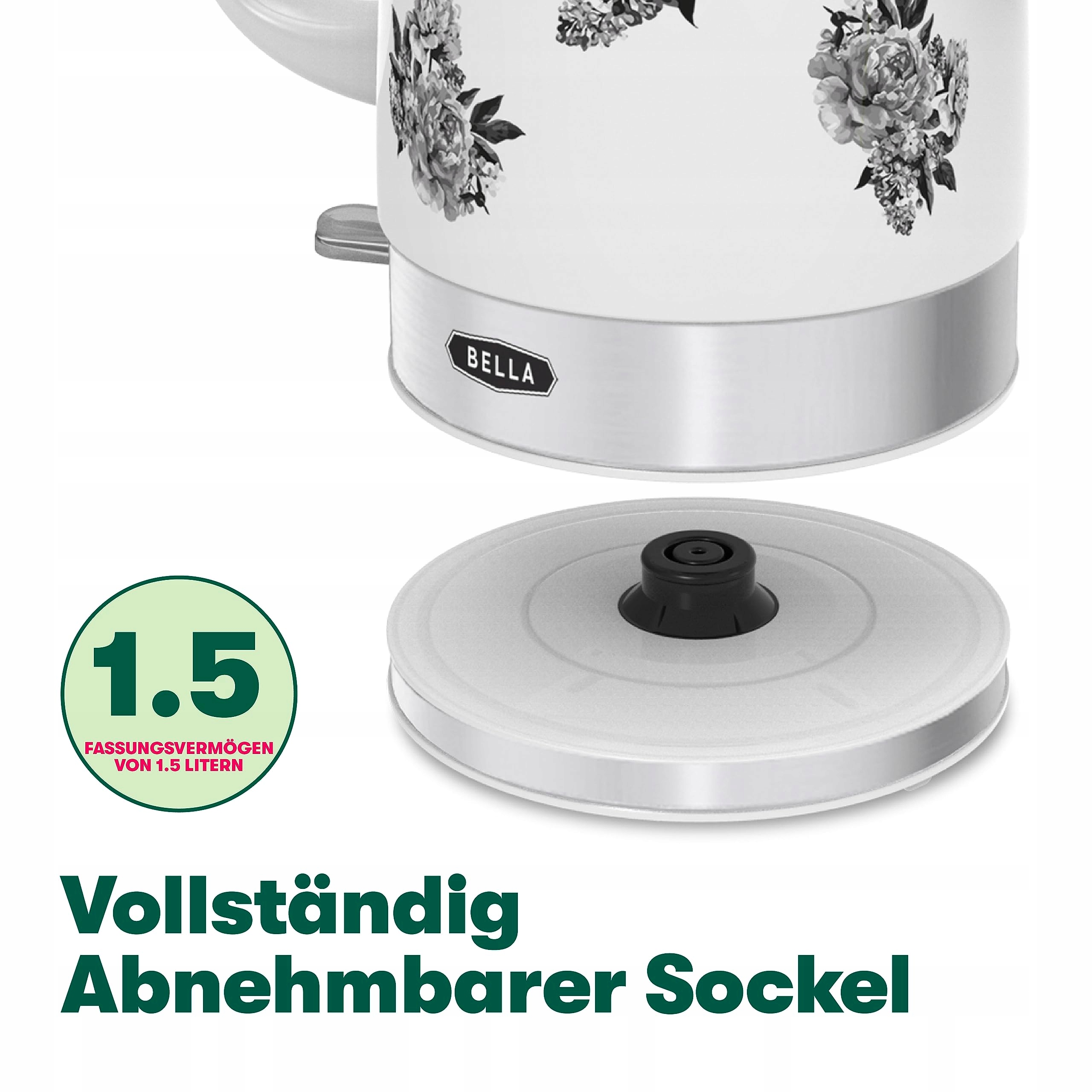 BELLA Czajnik Ceramiczny 1.5L Czarny Wzór Kwiatowy Ochrona Przegrzaniem — miniatura 3