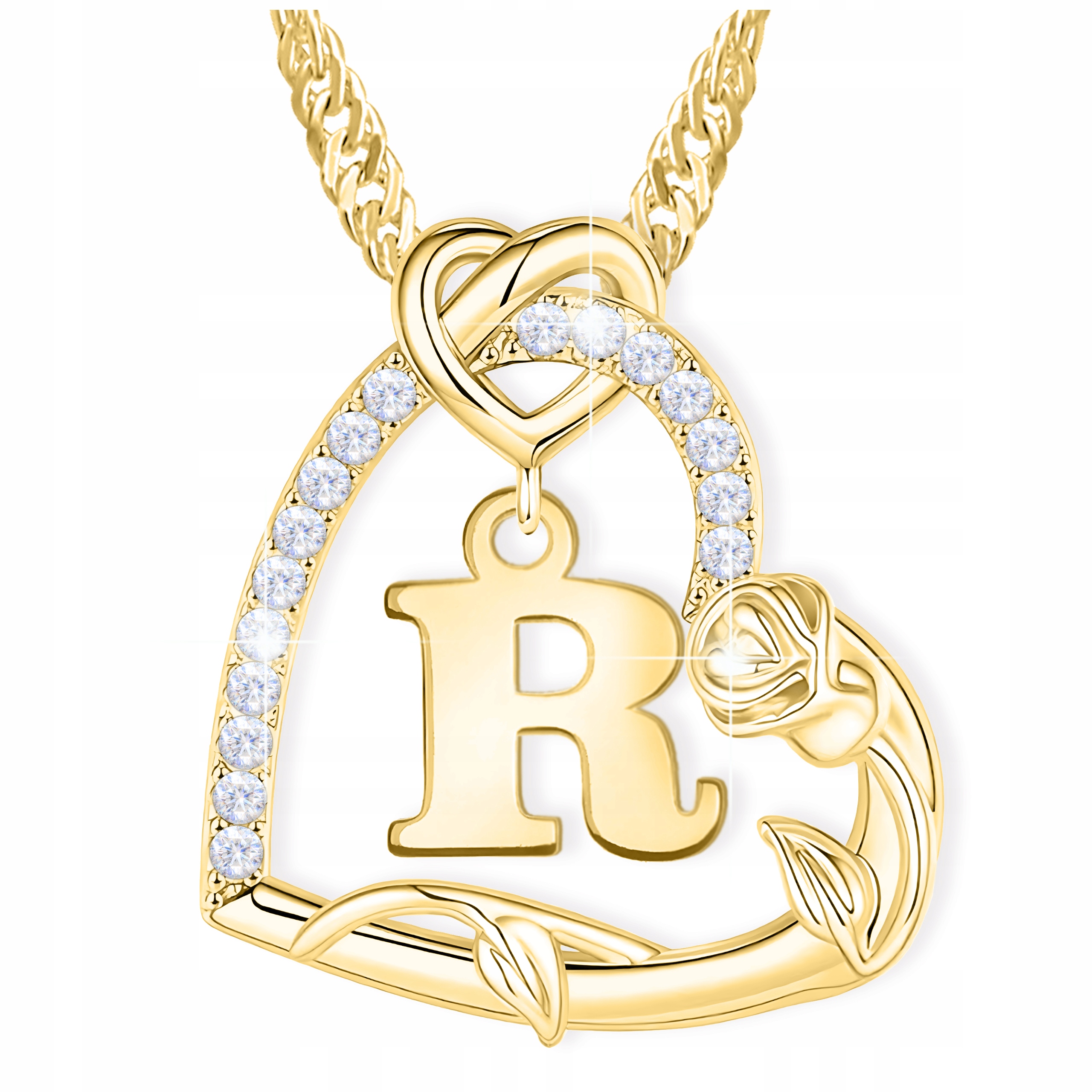 Zlatý náhrdelník s písmenem písmenka R Srdce s zirkony Květ růže Stříbro 925