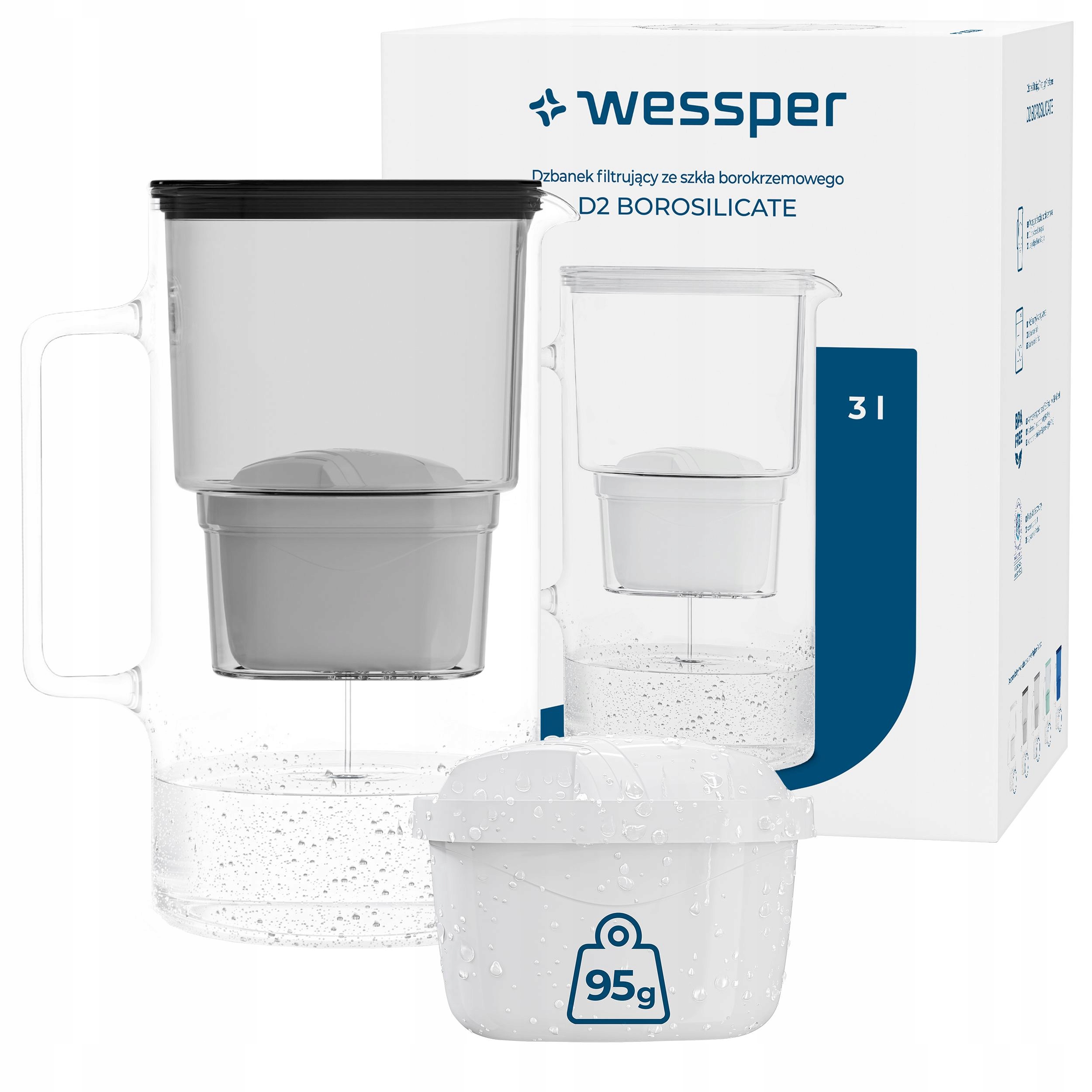 Dzbanek filtrujący szklany Wessper D2 Borosilicate 3l czarny 2x filtr