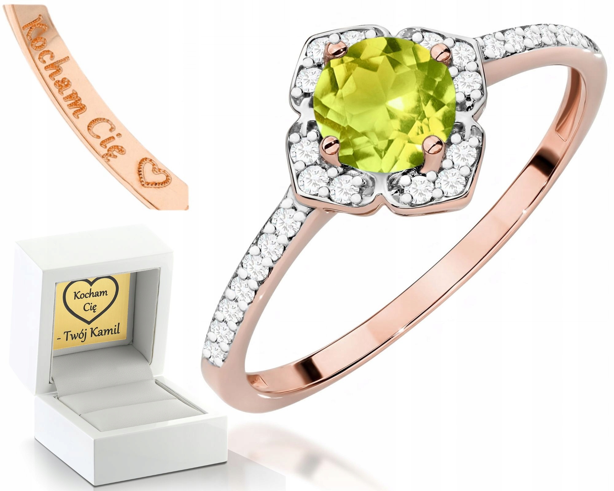 Prstýnek Z Růžového Zlata S Olivínem A Diamanty