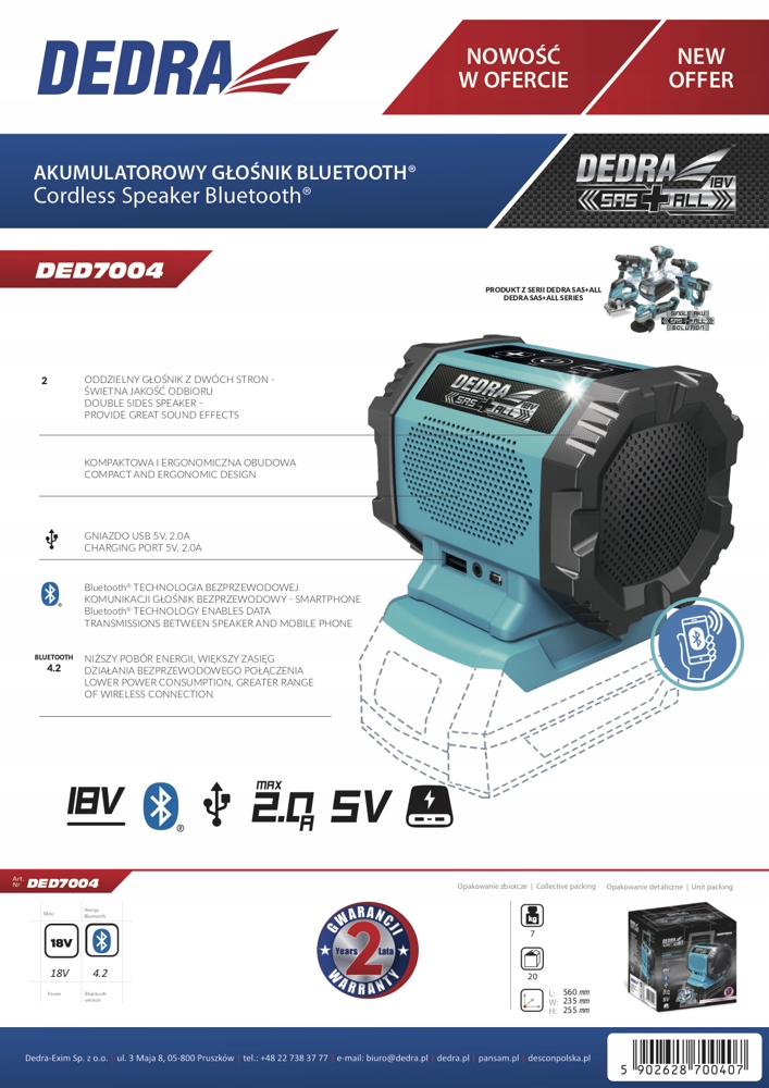 Głośnik Bluetooth Akumulatorowy 18V DEDRA DED7004 Komunikacja bluetooth