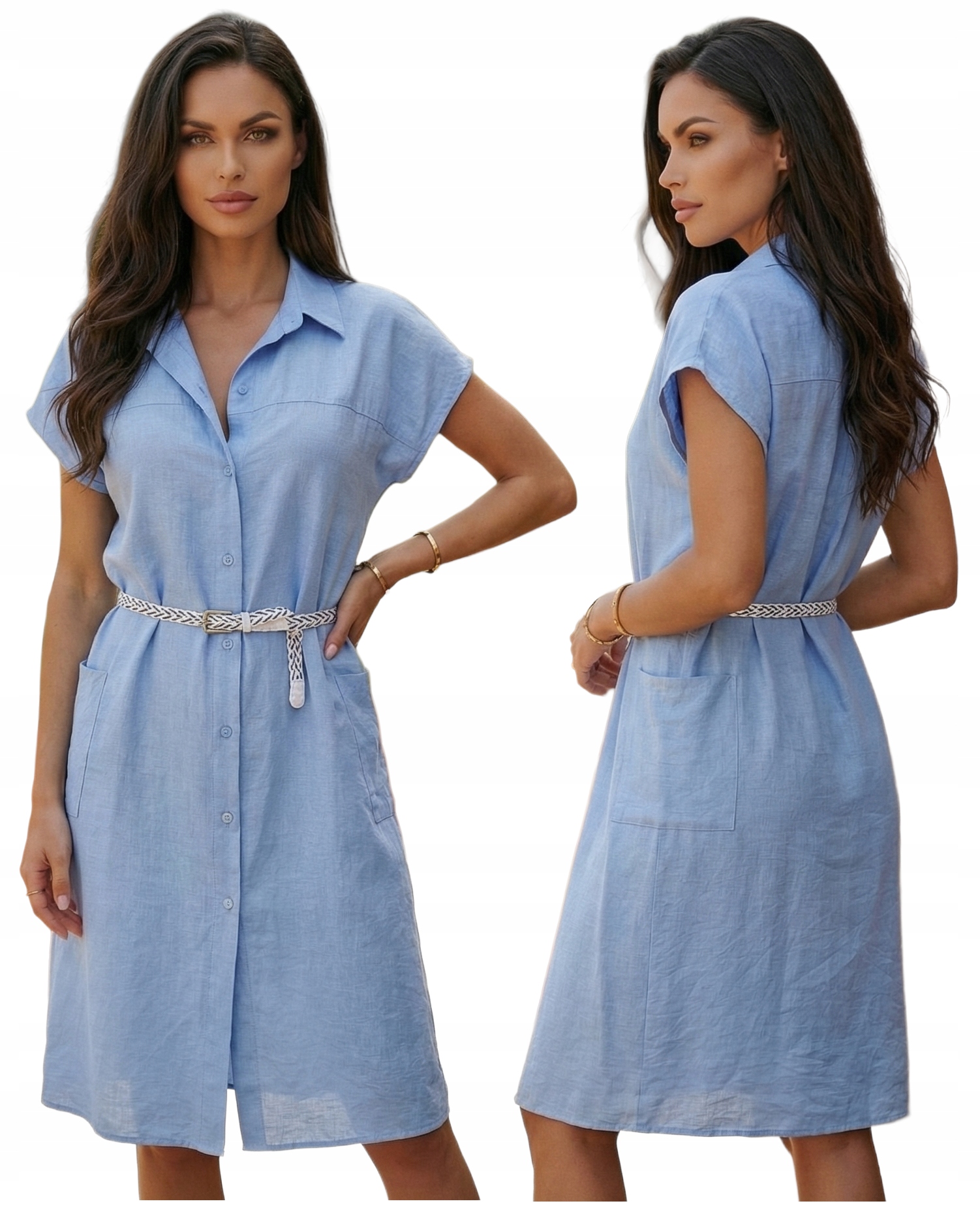 Sukienka Koszulowa Szmizjerka Niebieska Midi z Paskiem Lato