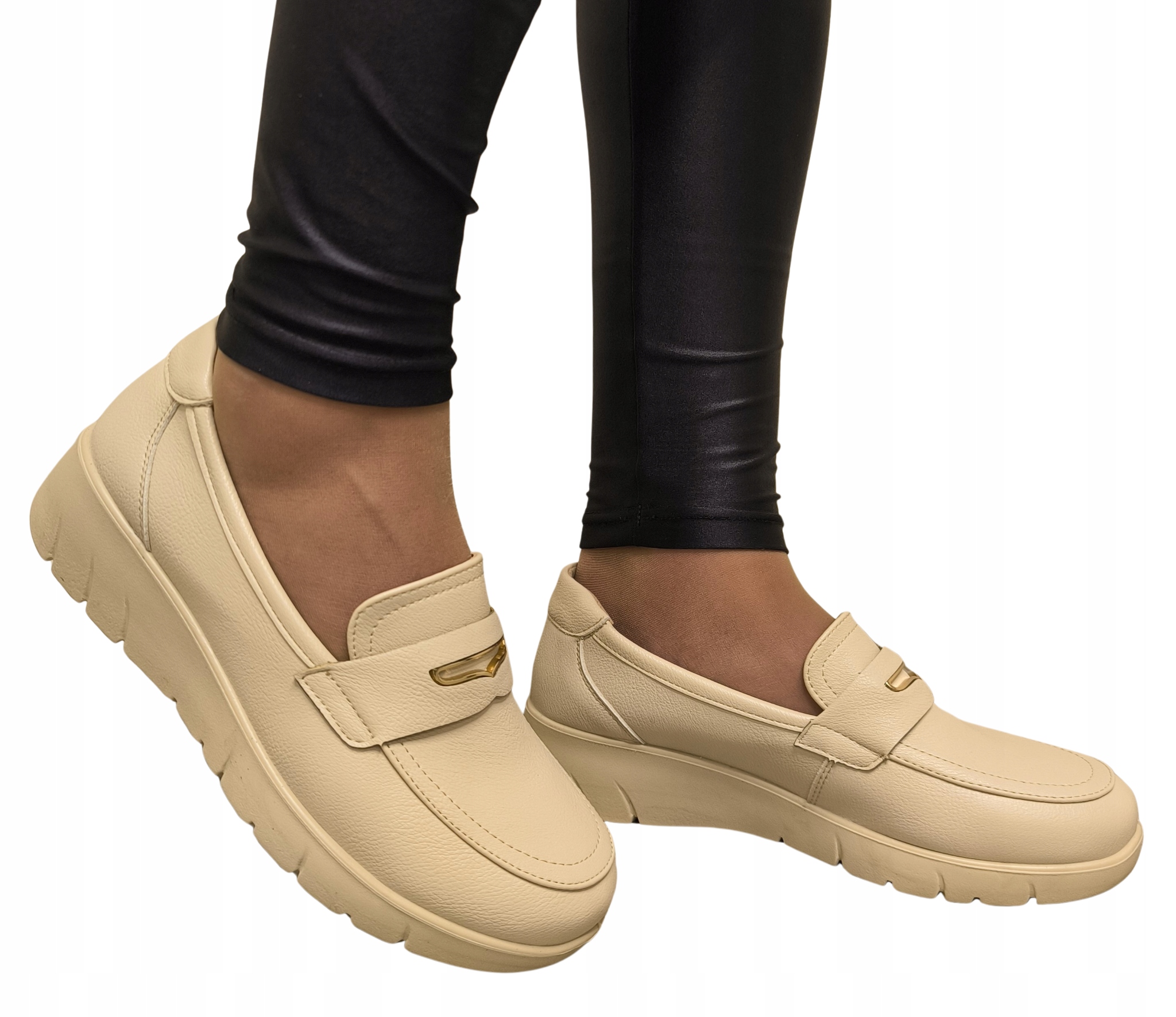 Beżowe Mokasyny Półbuty Na Szeroką Stopę "babcia" Wkładka Skóra Naturalna