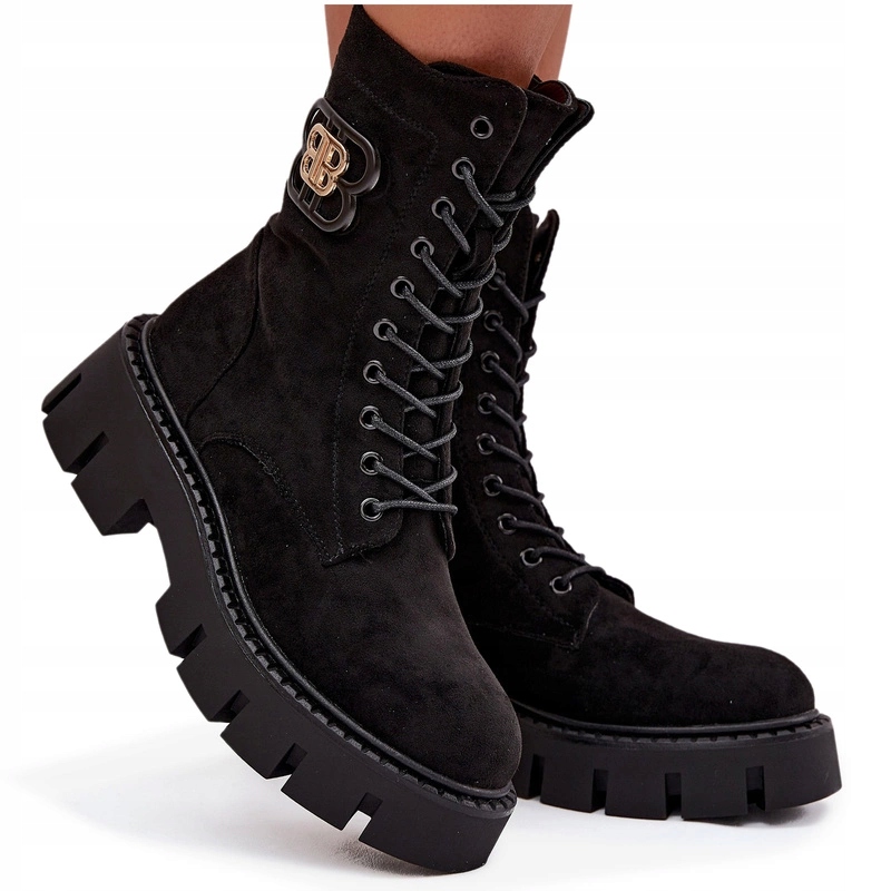 Kotníkové Boty Workery Eko Semišové Zateplené S Ozdobou Zip Černé 39