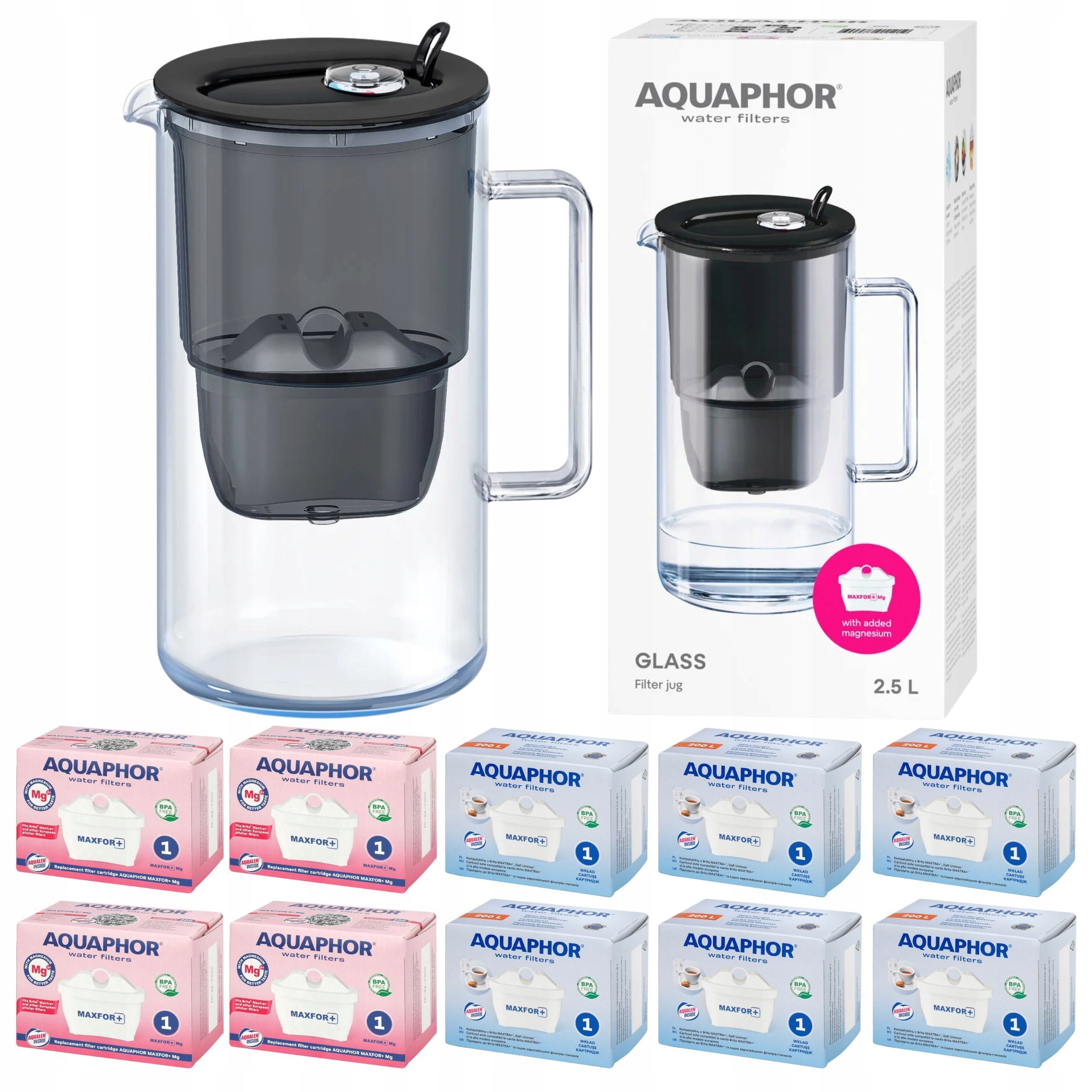 Filtrační konvice skleněná Aquaphor Glass černá 10 filtrů Maxfor (4Mg+6)