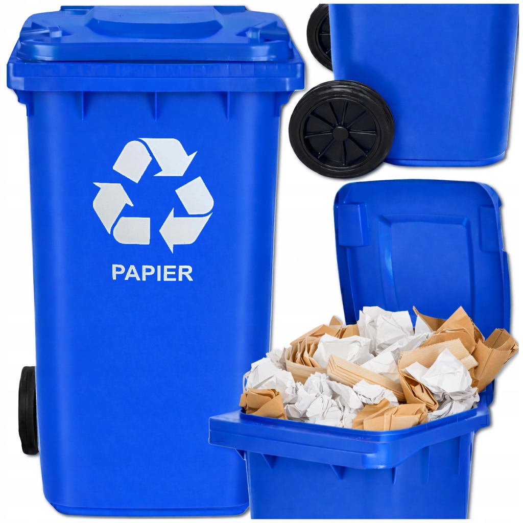 Kosz Na Śmieci Papier Odpady 120L Niebieski Śmietnik Pojemnik Kółka Klapa