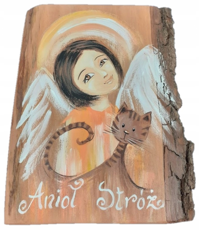 Obraz na masivním dřevě Anděl Stůj s kočkou