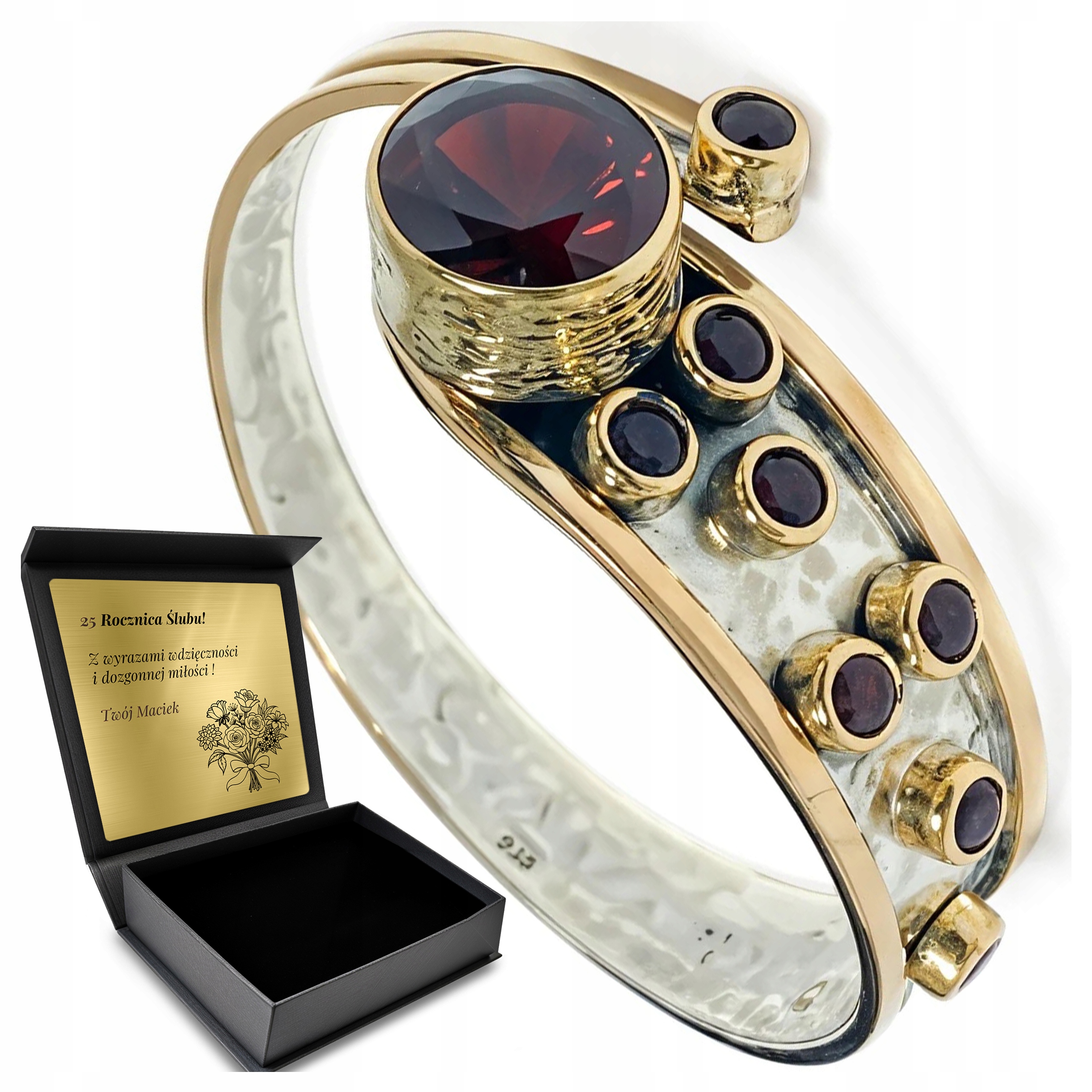 Stříbrný Náramek 925 Granát Ručně Vyráběný Dárek pro ženu Gravírování