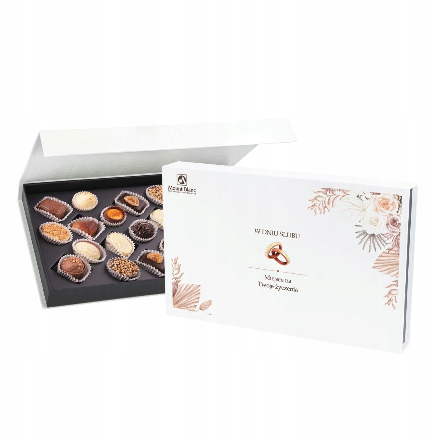Czekoladki ślubne Chocolate Box White z Twoimi życzeniami
