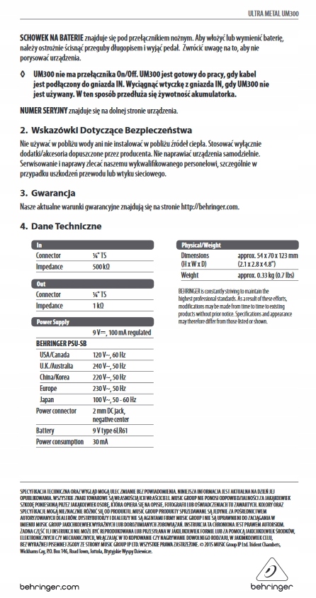 UM300 Ultra Metal efekt gitarowy Behringer +KABEL Rodzaj Gitarowe