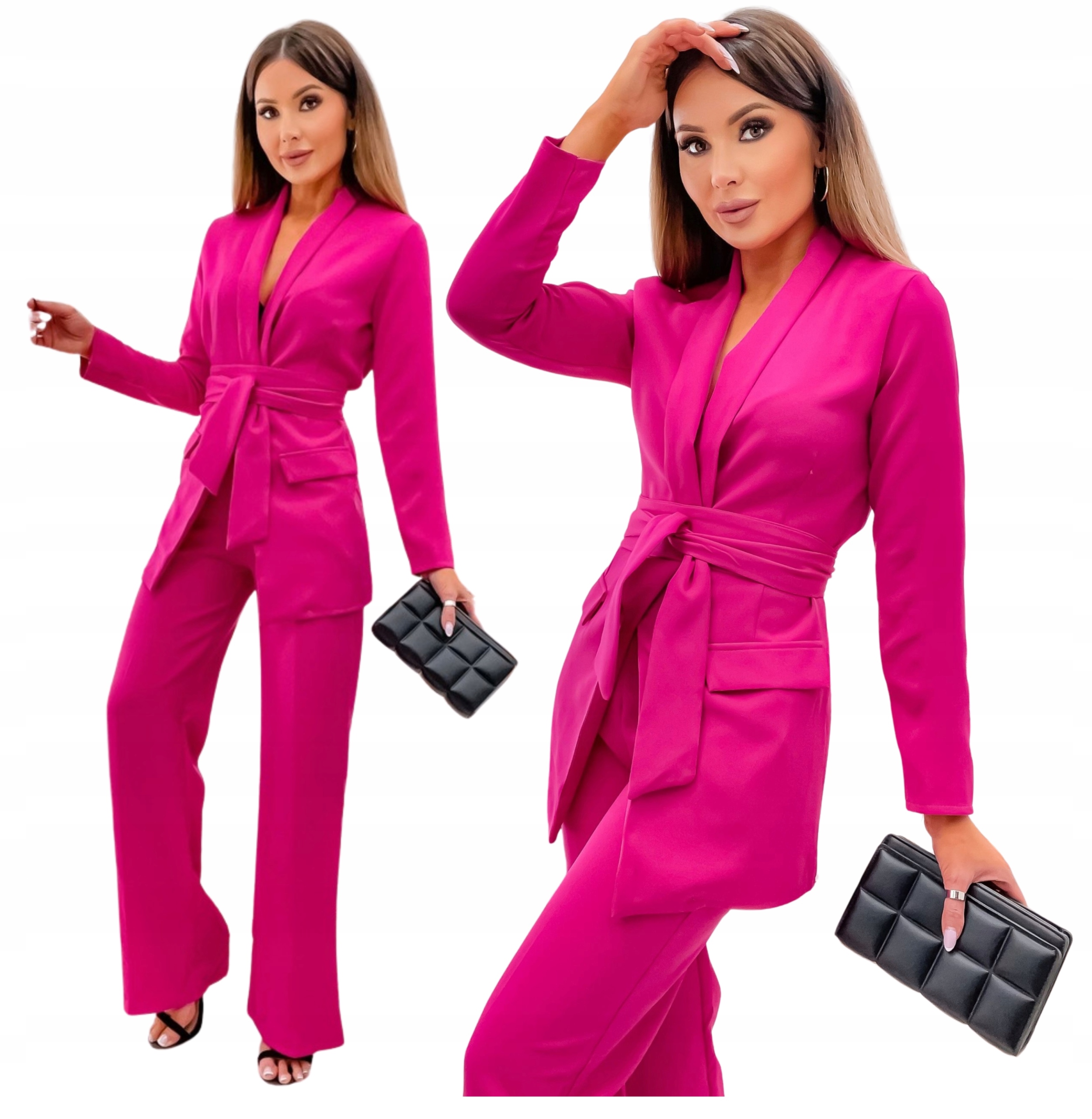 Dámský Oblek Komplet Sako Kalhoty S Páskem Fuchsiová 42 XL