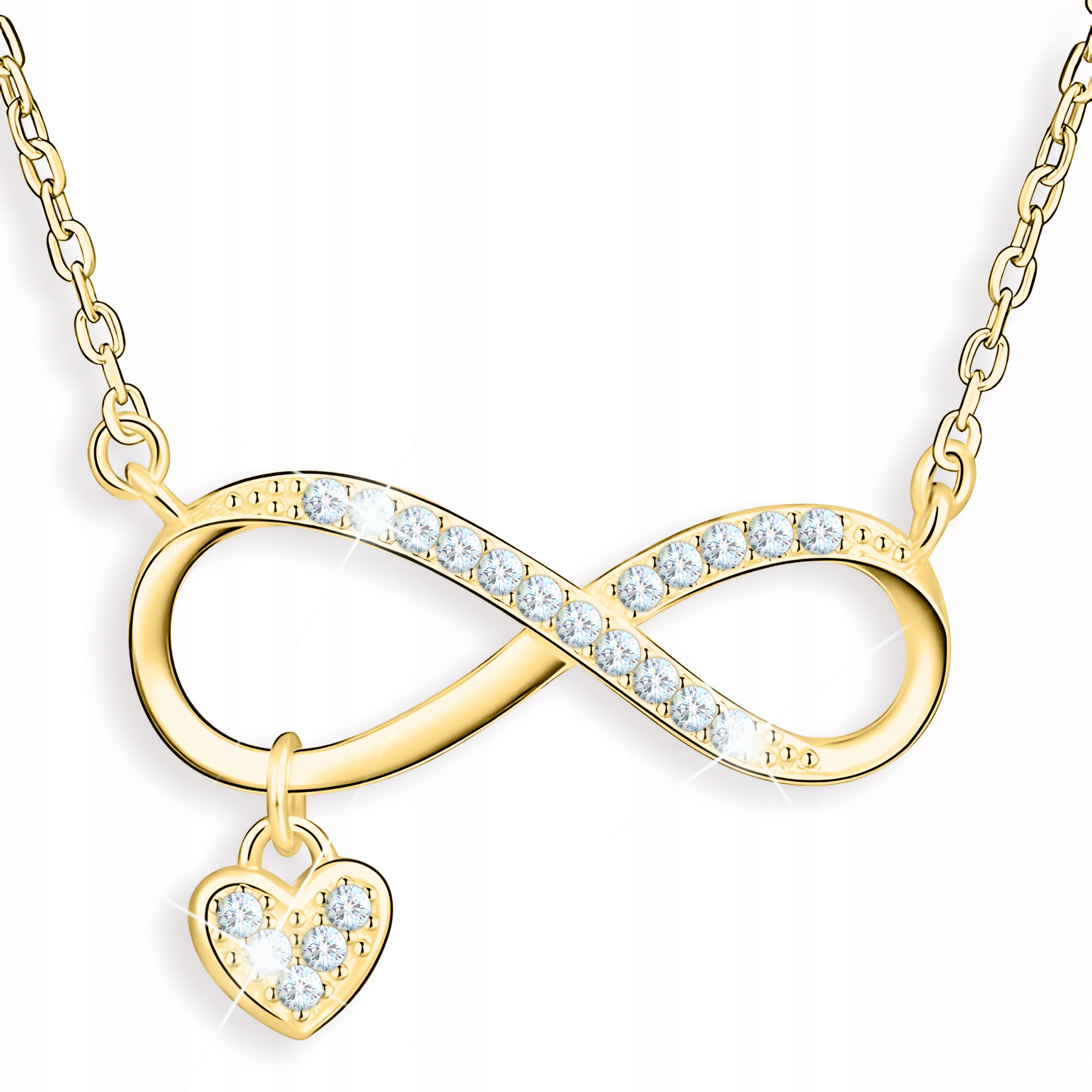 Zlatý náhrdelník Nekonečno a srdce s bílými krystaly Stříbro 925