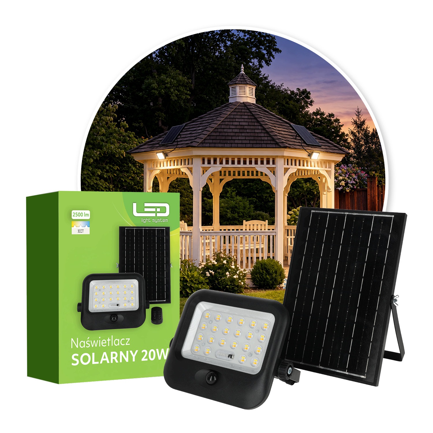 Solární zahradní lampa Dálkový Ovladač Led 20W 3CCT IP65