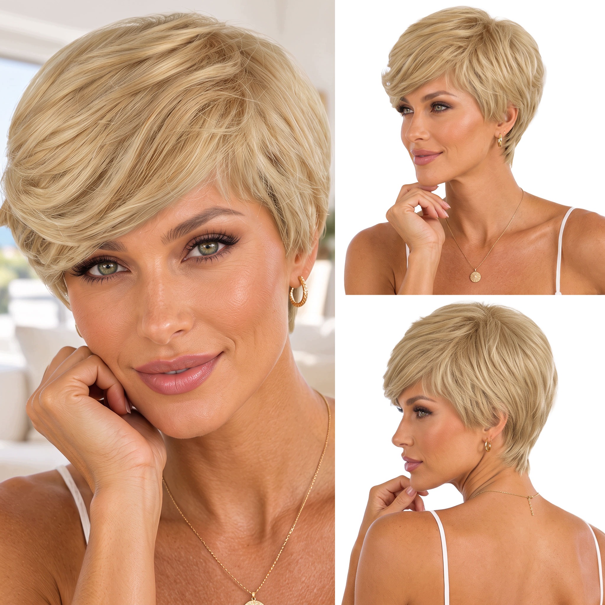 Peruka syntetyczna włosy sztuczne Pixie Cut krótka prosta blond 95g 10cm